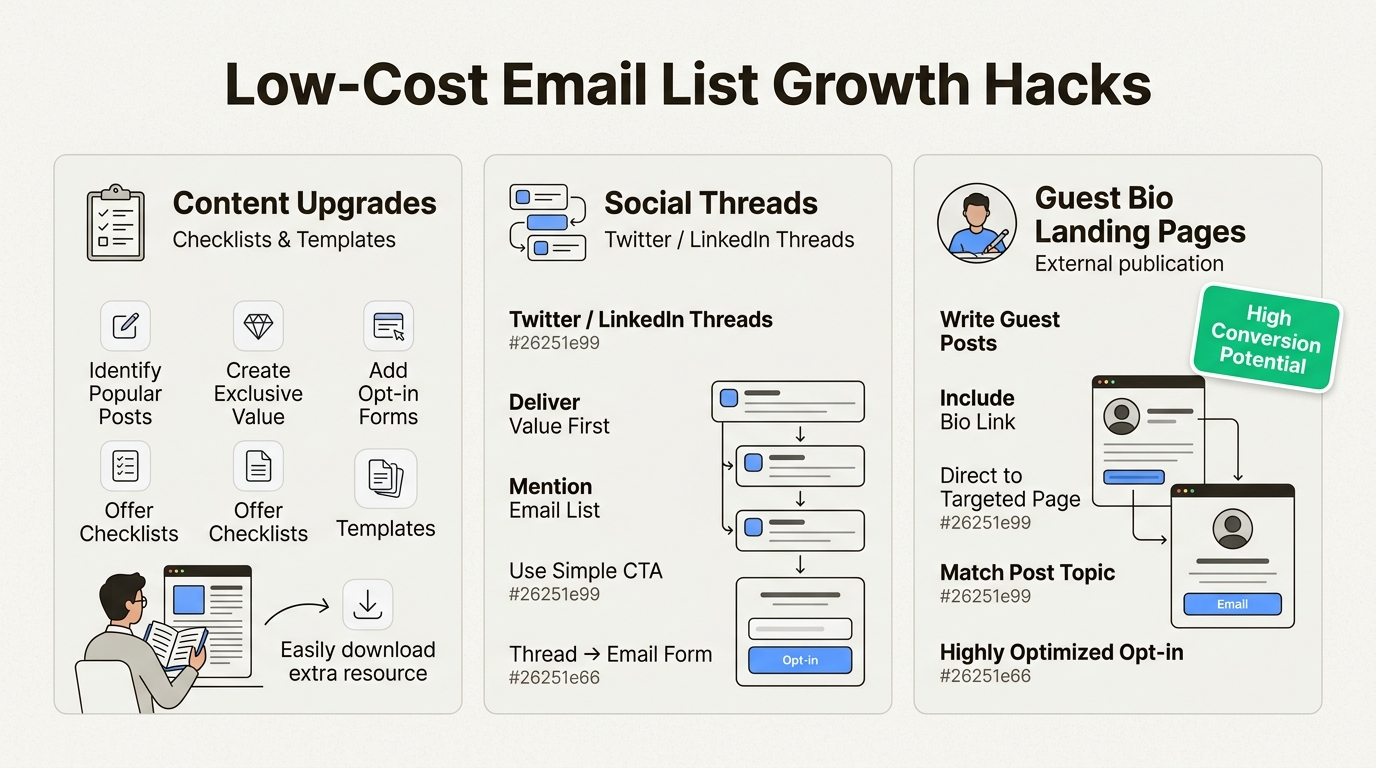 Discover three budget-friendly, high-conversion tactics like content upgrades and social threads to rapidly grow your email list.