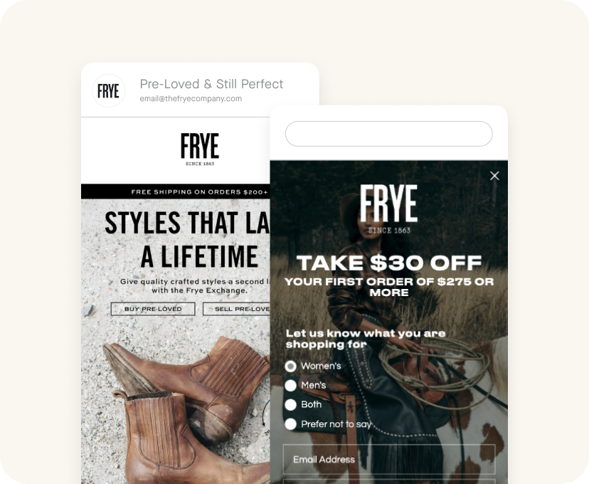 A Frye mobile full-screen pop-up presenting a $30 discount offer for new visitors, prompting for email sign-up and shopping preferences.