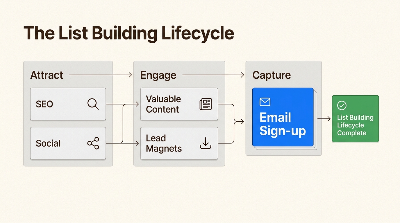 Understand the continuous cycle of attracting, engaging, and capturing subscribers to build a valuable email list that converts.