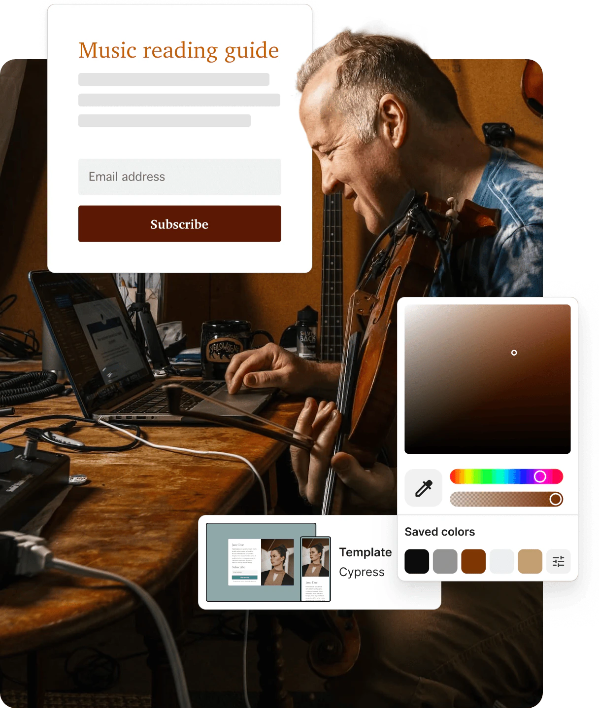 A Kit landing page builder template showing a clean design with a single email subscription field, alongside template previews and color customization options.
